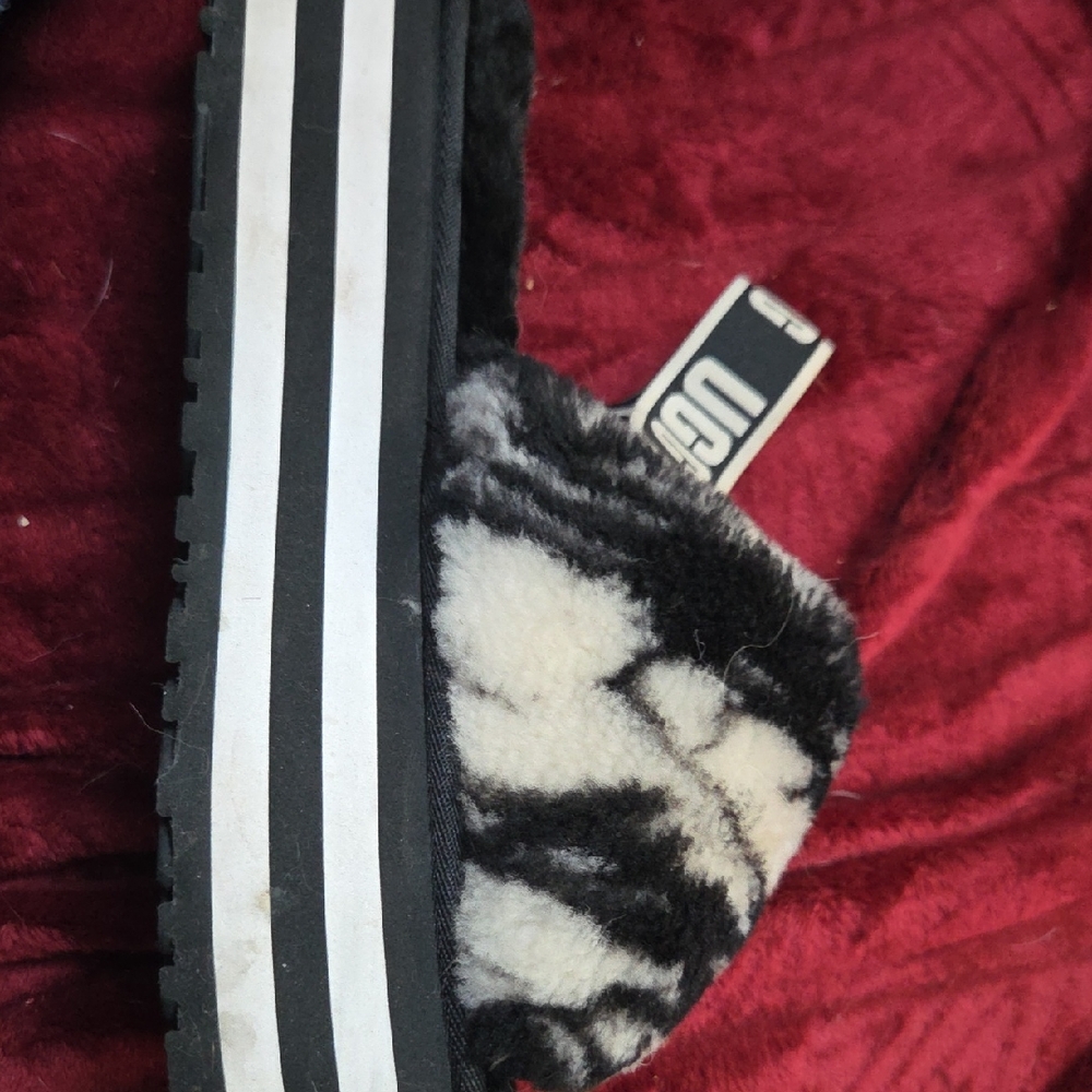UGG Black and White Furry Slippers